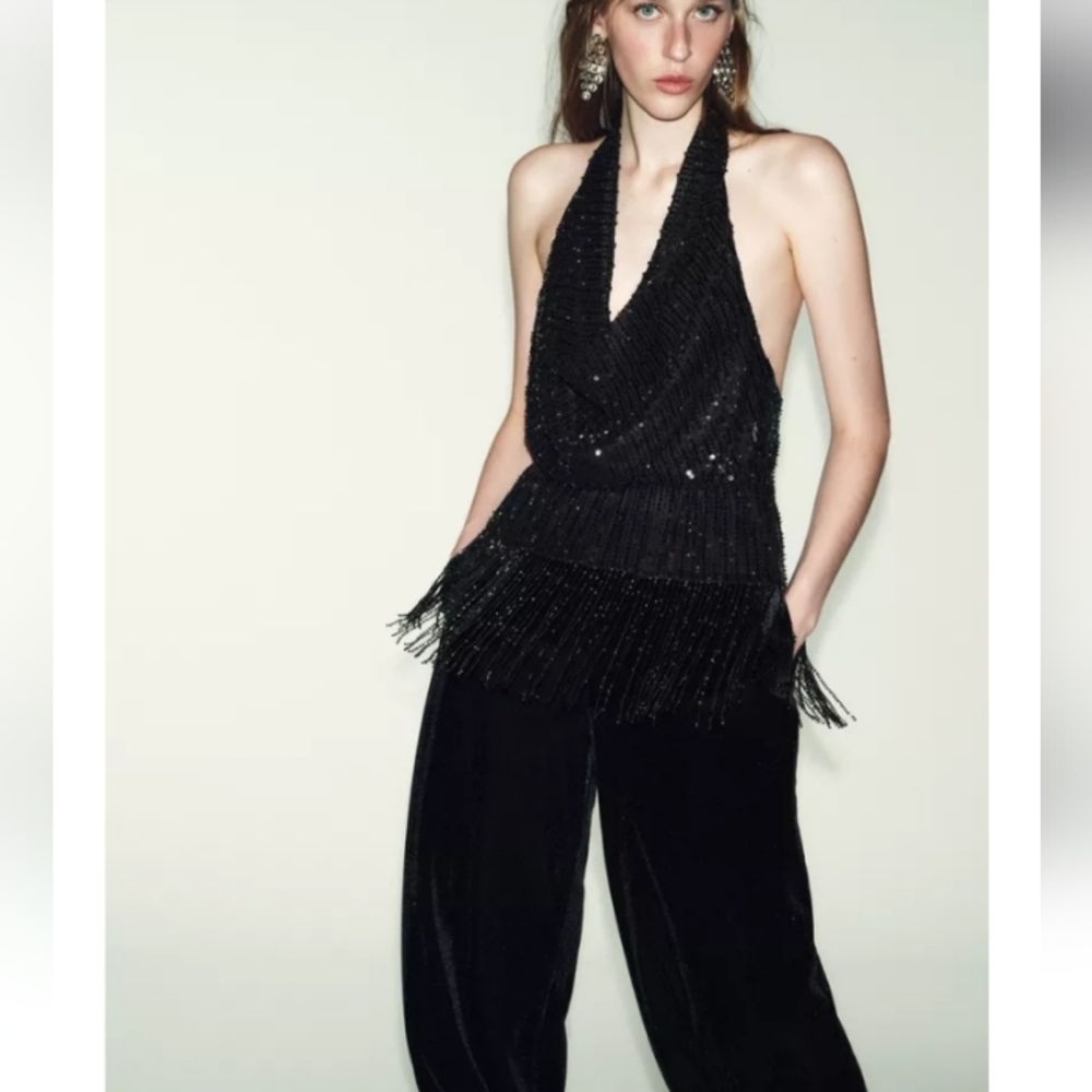 Zara Elegant Black Sequins Halter Festive Top Sz-M